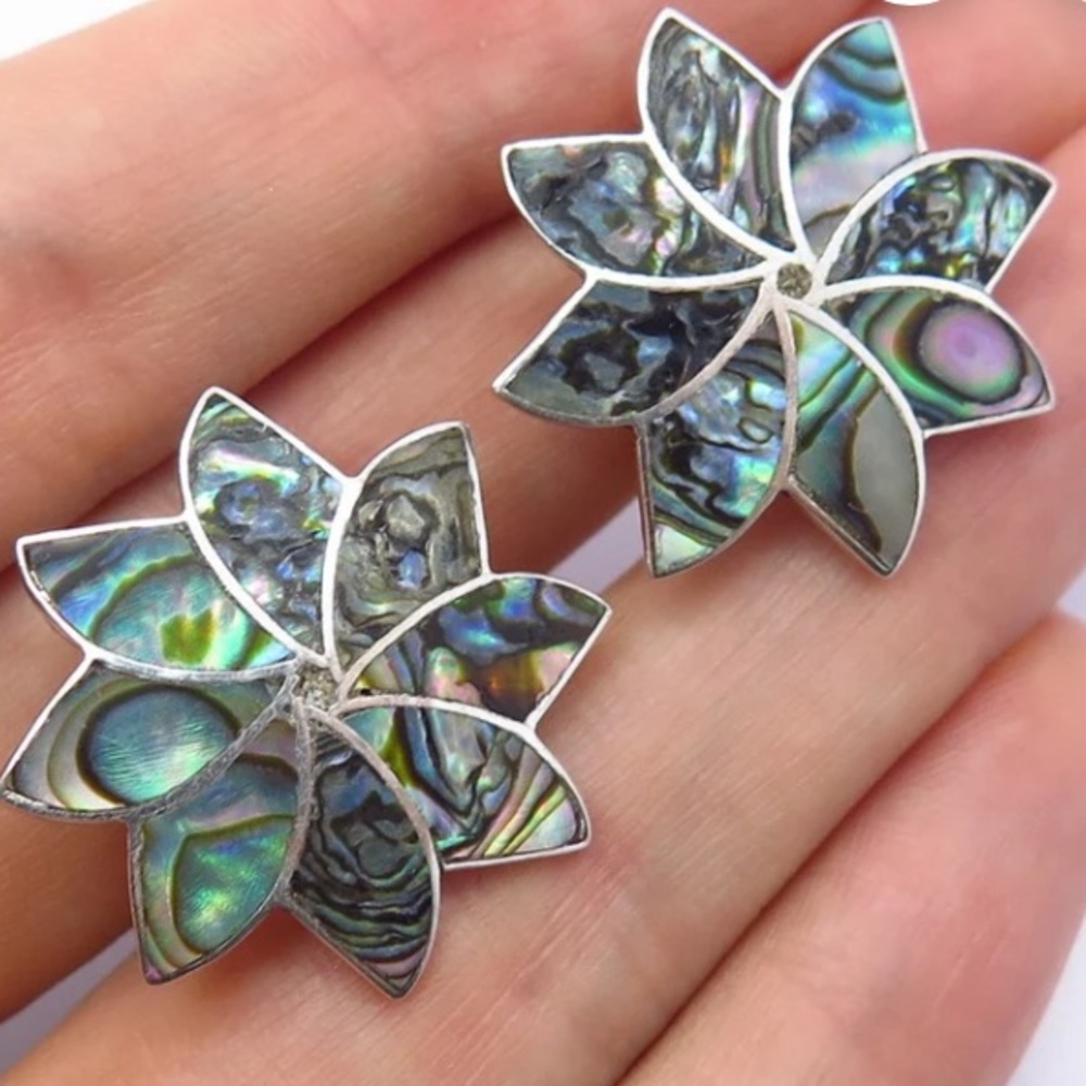 Vintage earrings abalone sterling silver screw backs Alpaca made